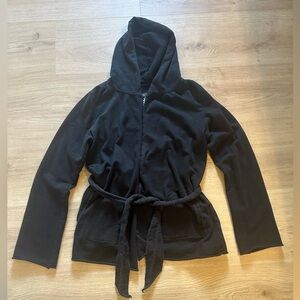 Lucky Brand Light Weight Open Front Hooded Tie Sweatshirt Black Size Large